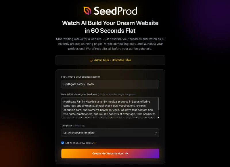SeedProd AI builder form for a new medical website with practice name and description