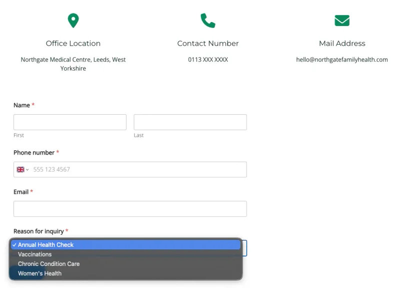 Finished enquiry form on a medical practice contact page