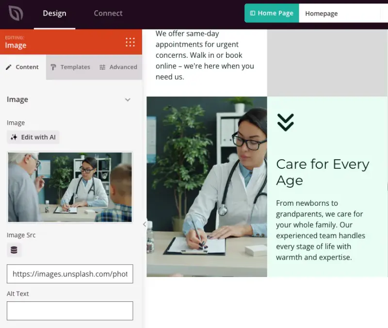 Replacing a stock photo with a real practice image in the SeedProd builder