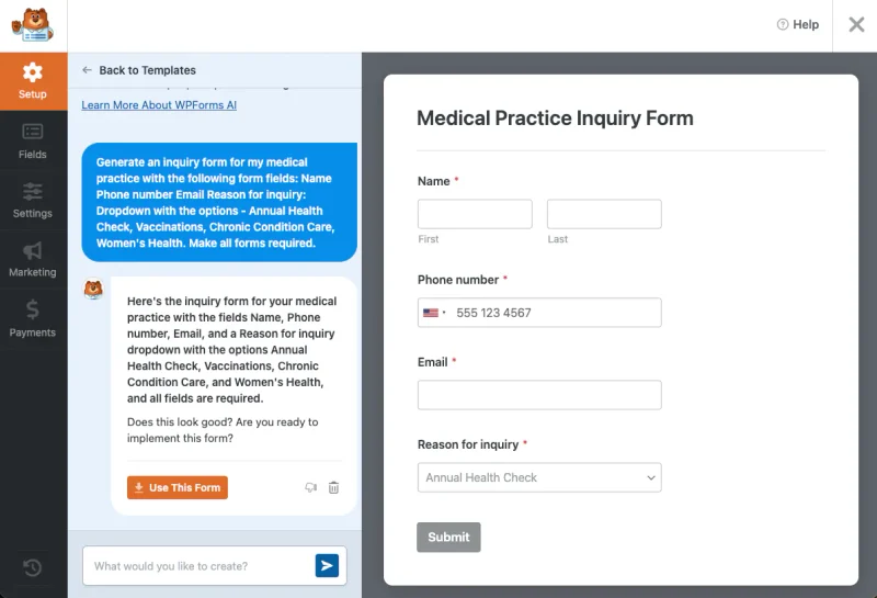 Practice contact form fields being built in the WPForms form builder