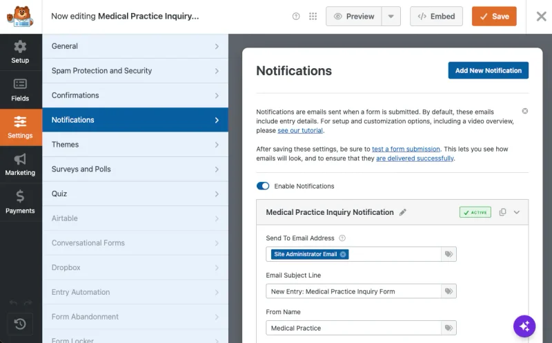WPForms notification settings with a shared practice inbox as the send-to address