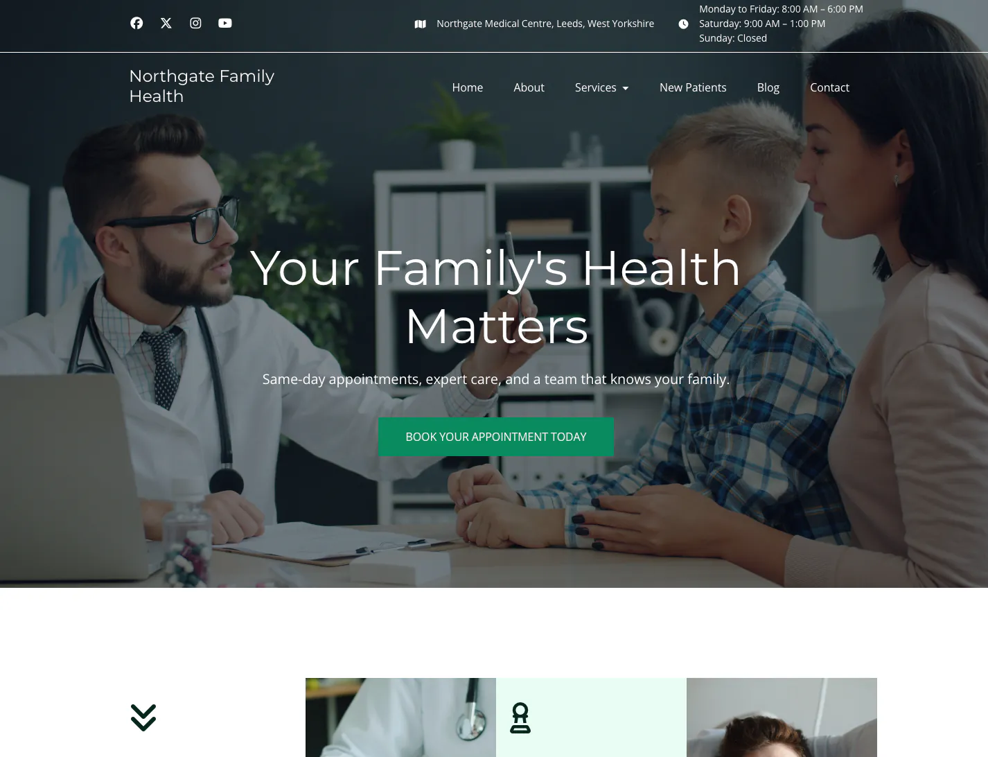 Top of an AI-generated medical website homepage with the practice phone number