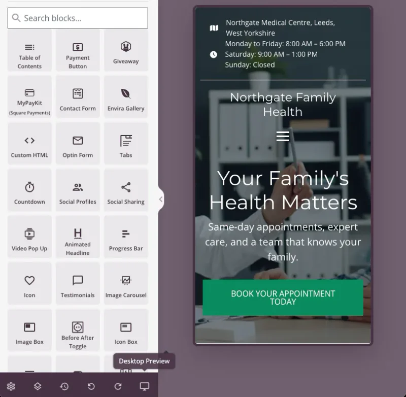 SeedProd builder mobile preview showing a practice homepage at phone width