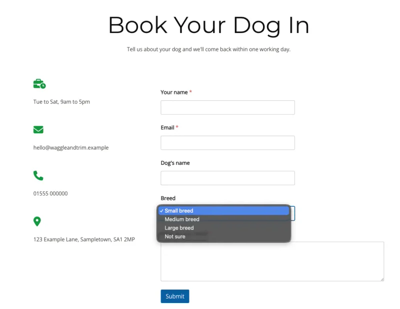 seedprod-contact-form - SeedProd Contact form on the WordPress site with the breed dropdown open