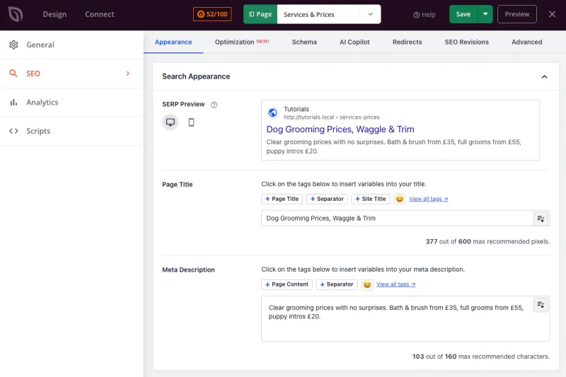 seedprod-seo-settings - SeedProd All in One SEO settings open inside the SeedProd builder