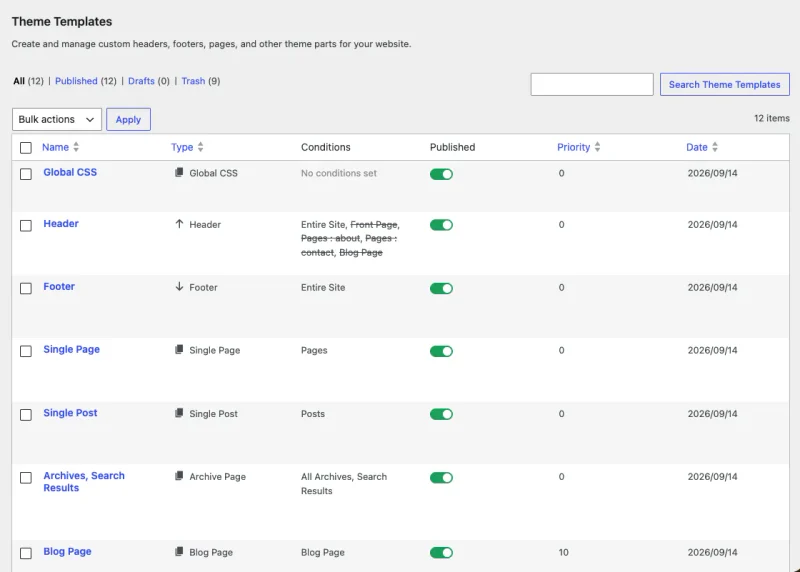 SeedProd Website Builder showing the generated theme templates for a practice site