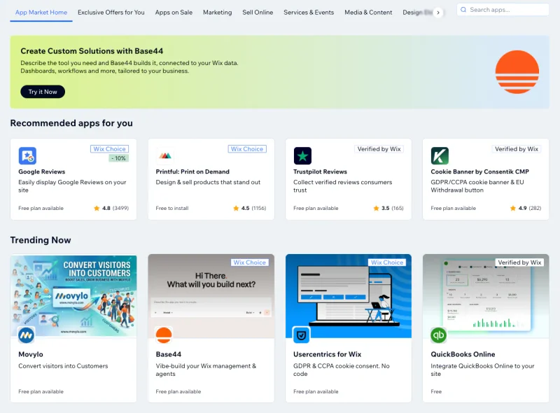 wix-app-market - SeedProd Wix App Market home page with recommended and trending apps
