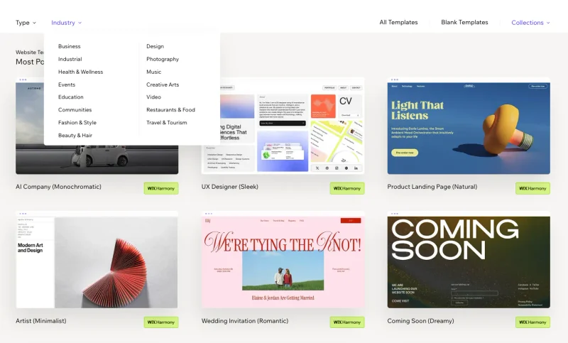 wix-templates - SeedProd Wix template library filtered by industry