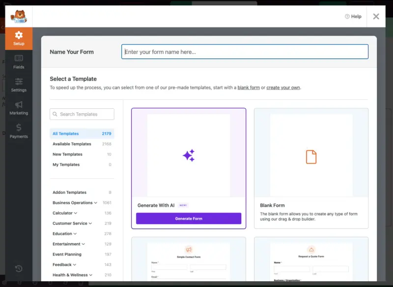 wpforms-ai-builder - SeedProd WPForms offering to generate a form with AI instead of picking a template